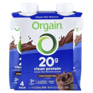 Orgain Shake Proteico de Gado Criado no Pasto Puro Fudge de Chocolate Cremoso Pacote com 4 Unidades 330 ml (11 fl oz) Cada