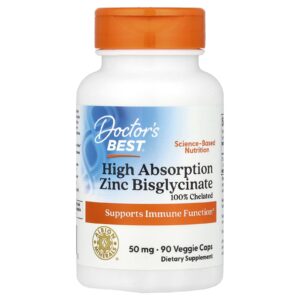 Doctors Best Bisglicinato de Zinco de Alta Absorção 100% Quelado 50 mg 90 Cápsulas Vegetais