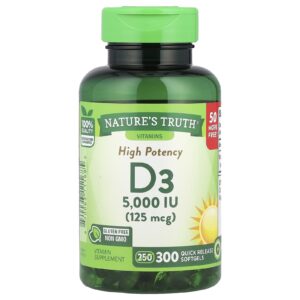 Natures Truth Vitamina D3 de Alta Potência 125 mcg (5.000 UI) 300 Cápsulas Softgel de Liberação Rápida
