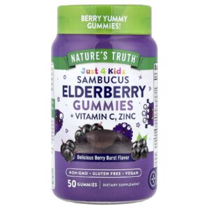 Natures Truth Just 4 Kidz Gomas de Sabugueiro Sambucus + Vitamina C Zinco Deliciosa Explosão de Frutos Silvestres 50 Gomas