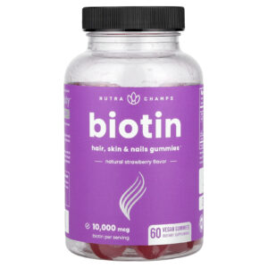 NutraChamps Gomas de Biotina Sabor Natural de Morango 10.000 mcg 60 Gomas Veganas (5.000 mcg por Goma)