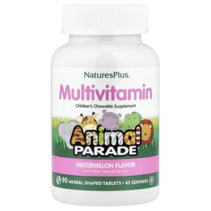 NaturesPlus Animal Parade® Suplemento Multivitamínico Mastigável para Crianças Melancia 90 Comprimidos em Formato de Animais