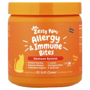 Zesty Paws Mordeduras do Sistema Imunológico e Alergênicos Para Gatos Todas as Idades Bacon 60 Cápsulas Mastigáveis 78 g (27 oz)