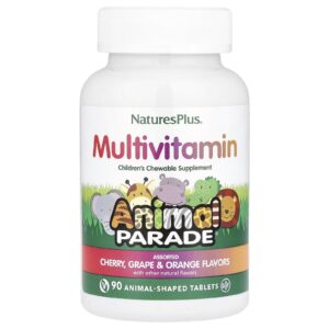 NaturesPlus Animal Parade® Multivitamínico Mastigável Infantil Cereja Uva e Laranja 90 Comprimidos em Formato de Animais