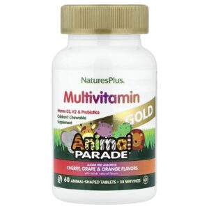 NaturesPlus Animal Parade® Gold Multivitamínico Mastigável para Crianças Cereja Uva e Laranja 60 Comprimidos em Formato de Animais