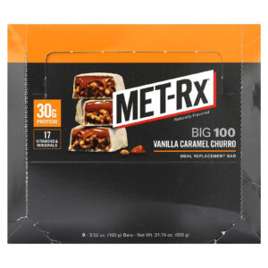 MET-Rx Big 100 Barra de Substituição de Refeições Churros de Caramelo e Baunilha 9 Barras 100 g (352 oz) Cada