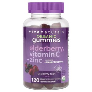 Viva Naturals Sabugueiro Orgânico Gomas de Vitamina C e Zinco Rush de Framboesa 120 Gomas