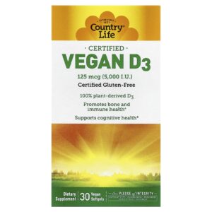 Country Life Certificado Vegano D3 125 mcg (5.000 UI) 30 Cápsulas Softgel Veganas