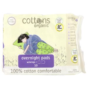 Cottons Orgânico Absorventes Noturnos com Abas Pesado Sem Perfume 10 Absorventes