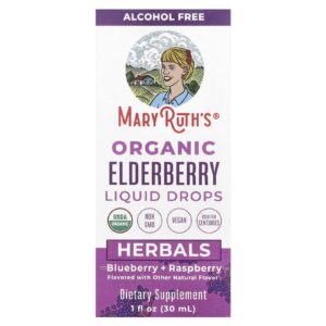 MaryRuths Gotas Líquidas de Sabugueiro Orgânico Sem Álcool Mirtilo + Framboesa 30 ml (1 fl oz)