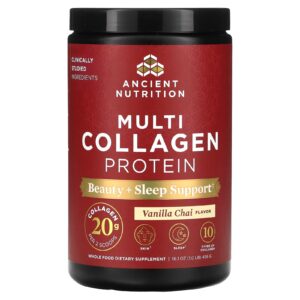 Ancient Nutrition Proteína Multicolágeno Auxílio à Beleza e ao Sono Chai de Baunilha 456 g (1 lb)