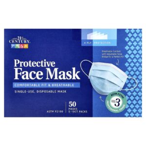 21st Century Máscara Facial de Proteção ASTM F2100 Máscaras Descartáveis de Uso Único 50 Máscaras Embalagens de 5 a 10 unidades