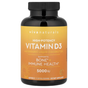 Viva Naturals Vitamina D3 com Óleo de Coco Líquido Orgânico 125 mcg (5000 UI) 360 Cápsulas Softgel