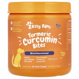 Zesty Paws Cúrcuma e Curcumina Bites para Cães Multifuncional Todas as Idades Bacon 90 Cápsulas Mastigáveis
