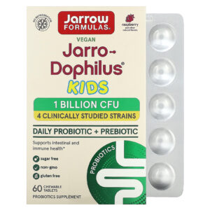 Jarrow Formulas Jarro-Dophilus® Vegano para Crianças Probiótico + Prebiótico Diário Framboesa 60 Comprimidos Mastigáveis (05 Bilhão de UFCs por Cápsula)