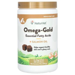 NaturVet Ácidos Graxos Essenciais Ômega-Gold + Óleo de Salmão Para Cães e Gatos 180 Cápsulas Mastigáveis 513 g (18 oz)