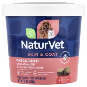 NaturVet Ômega-Gold com Óleo de Salmão e Ácidos Graxos Essenciais Para Cães e Gatos Bacon e Frango 90 Cápsulas Mastigáveis 256 g (9 oz)