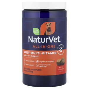 NaturVet Multivitamínico Diário Completo com Reforço 4 em 1 Para Cães Bacon e Frango 120 Cápsulas Mastigáveis 480 g (169 oz)