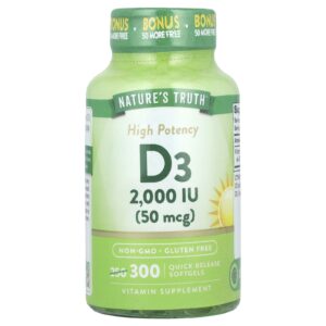 Natures Truth Vitamina D3 Alta Potência 50 mcg (2.000 UI) 300 Cápsulas Softgel de Liberação Rápida