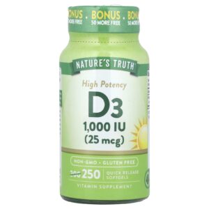 Natures Truth Vitamina D3 de Alta Potência 25 mcg (1.000 UI) 250 Cápsulas Softgel de Liberação Rápida