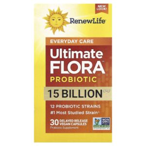 Renew Life Ultimate Flora™ Probiótico 15 Bilhões de UFCs 30 Cápsulas Veganas de Liberação Retardada