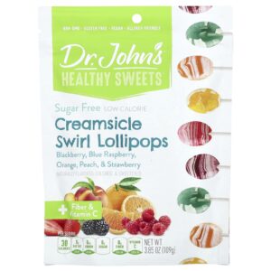 Dr. Johns Healthy Sweets Pirulitos Swirlsicle de Creme + Fibra e Vitamina C Amora Framboesa Azul Laranja Pêssego e Morango Sem Açúcar 109 g (385 oz)