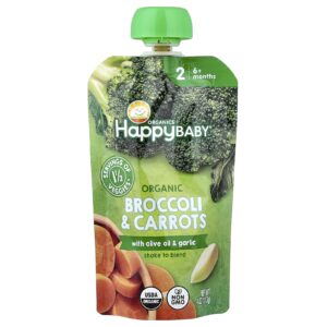Happy Family Organics Happy Baby® Brócolis e Cenouras Orgânicos com Óleo de Oliva + Alho A Partir de 6 Meses 113 g (4 oz)