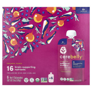 Cerebelly Purê Orgânico Mais de 6 Meses Beterraba Cenoura Mirtilo com Leite de Coco 6 Sachês 113 g (4 oz) Cada