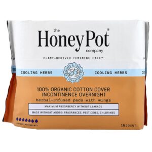 The Honey Pot Company Revestimento de Algodão 100% Orgânico Absorventes de Infusão de Ervas com Abas Incontinuação Noturna 16 Unidades