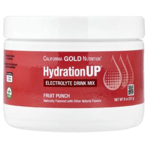 California Gold Nutrition Bebidas HydrationUP® Mistura para Bebida de Eletrólitos com Cálcio Potássio Vitamina C e Vitamina E Ponche de Frutas 227 g (8 oz)