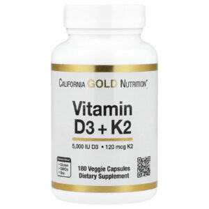 California Gold Nutrition Vitaminas D3 + K2 como MK- 7 180 Cápsulas Vegetais