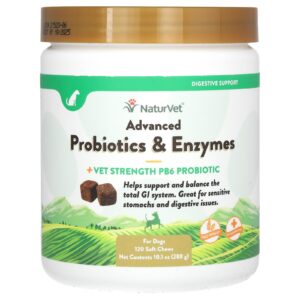 NaturVet Advanced Probiotics e Enzimas + Probiótico PB6 Vet Strength Para Cães 120 Cápsulas Mastigáveis 288 g (101 oz)