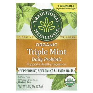 Traditional Medicinals Chá de Ervas Orgânicas Probiótico Diário de Menta Tripla Hortelã-Pimenta Hortelã e Erva-Cidreira Sem Cafeína 16 Saquinhos de Chá Embalados 24 g (085 oz)