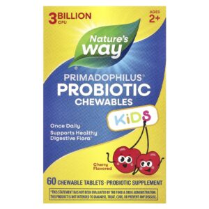 Natures Way Primadophilus® Cápsulas Mastigáveis de Probióticos para Crianças A Partir de 2 Anos Cereja 3 Bilhões de UFCs 60 Comprimidos Mastigáveis