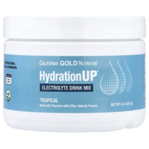 California Gold Nutrition Bebidas HydrationUP® Mistura para Bebida de Eletrólitos com Cálcio Potássio Vitamina C e Vitamina E Tropical 227 g (8 oz)