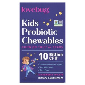 LoveBug Probiotics Probióticos para Crianças Acima de 4 Anos Frutos Silvestres 10 Bilhões de UFCs 30 Comprimidos Mastigáveis