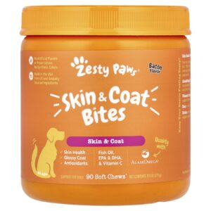 Zesty Paws Skin & Pelot Bites Para Cães Todas as Idades Bacon 90 Cápsulas Mastigáveis 315 g (111 oz)