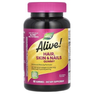 Natures Way Alive! Gomas para Tratamento de Cabelos Pele e Unhas Sabor Morango 60 Gomas