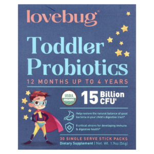 LoveBug Probiotics Probióticos para Crianças Pequenas 12 Meses até 4 Anos 15 Bilhões de UFCs 30 Embalagens de Porções Individuais 18 g (006 oz) Cada