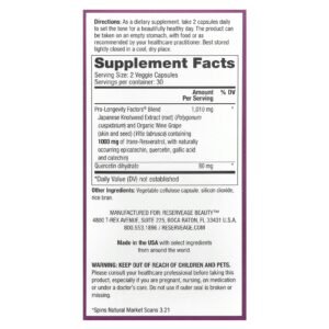 Reserveage Beauty Resveratrol 60 Cápsulas Vegetais