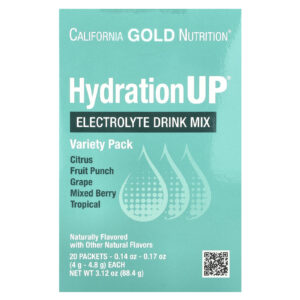 California Gold Nutrition HydrationUP® Mistura para Bebida de Eletrólitos com Lactato de Cálcio Vitaminas C e E Embalagem Variada 20 Embalagens 4 g a 48 g (014 oz a 017 oz) Cada