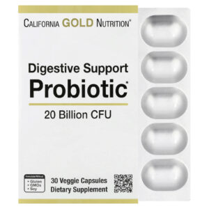 California Gold Nutrition Probiótico de Suporte Digestivo Mistura de Probióticos e Prebióticos com Lactobacillus rhamnosus GG 20 Bilhões de UFCs 30 Cápsulas Vegetais