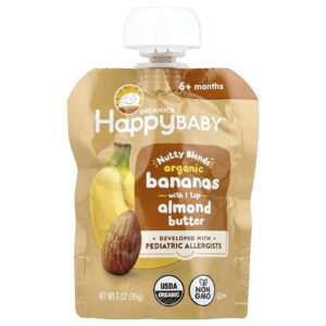 Happy Family Organics Happy Baby® Nutty Blends™ A partir de 6 Meses Bananas Orgânicas com 1/2 colher de chá de Manteiga de Amêndoa 85 g (3 oz)
