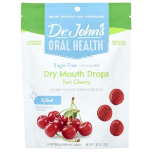 Dr. Johns Healthy Sweets Saúde Bucal Gotas para a Boca Seca + Xilitol Cereja Azeda Sem Açúcar 24 Balas Embaladas Individualmente 109 g (385 oz)