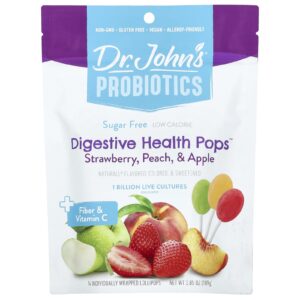 Dr. Johns Healthy Sweets Probióticos Digestive Health Pops™ + Fibra e Vitamina C Morango Pêssego e Maçã 14 Pirulitos Embalados Individualmente 109 g (385 oz)