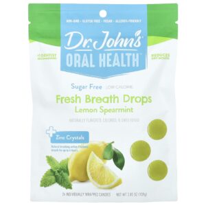 Dr. Johns Healthy Sweets Oral Health™ Gotas para Hálito Fresco + Cristais de Zinco Hortelã e Limão Sem Açúcar 24 Doces Embalados Individualmente 109 g (385 oz)