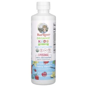 MaryRuths Organic Kids Multivitamínico Lipossomal 4–13 Anos Morango Cereja e Baunilha 450 ml (1522 fl oz)