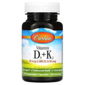 Carlson Vitamina D3 + K2 50 mcg (2.000 UI) e 90 mcg 120 Cápsulas Vegetarianas