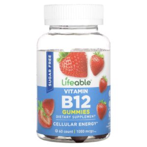 Lifeable Gomas de Vitamina B12 Sem Açúcar Sabor Natural de Morango 60 Gomas (500 mcg por Goma)