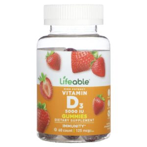 Lifeable Gomas de Vitamina D3 de Alta Potência Sabor Natural de Morango 60 Gomas (625 mg (2.500 UI) por Goma)